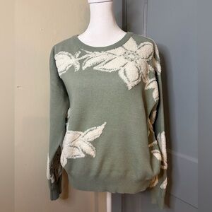 Nicole Miller Sage Green Floral Crewneck Sweater with Cream Accents